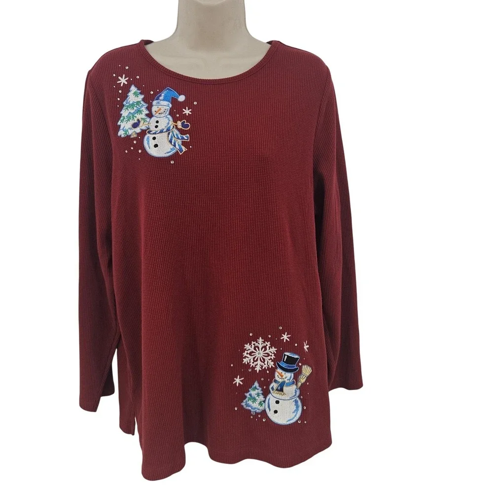 Quacker Factory Shirt Womens 1X Red Thermal Waffle Knit Snowman Christmas Winter